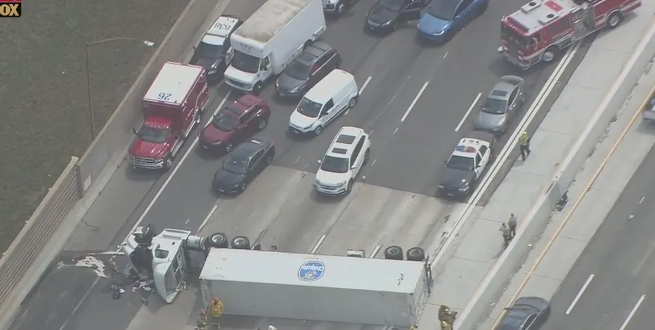 Overturned Semi-Truck Shuts Down Lanes in Irvine